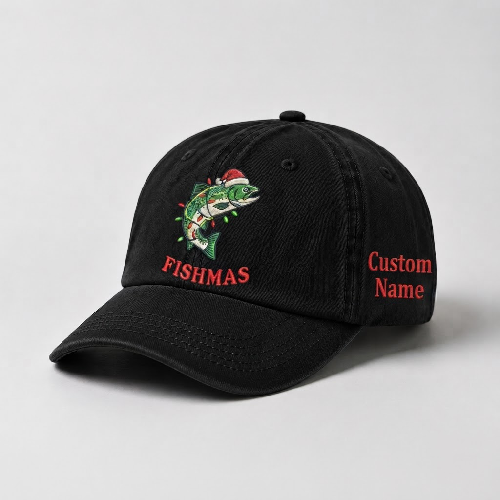 Merry Fishmas Embroidered Hat, Custom Name Christmas Trout Fishing Cap, Vintage Fisherman Dad Hat, Holiday Outdoor Gift, Cute Angler Cap
