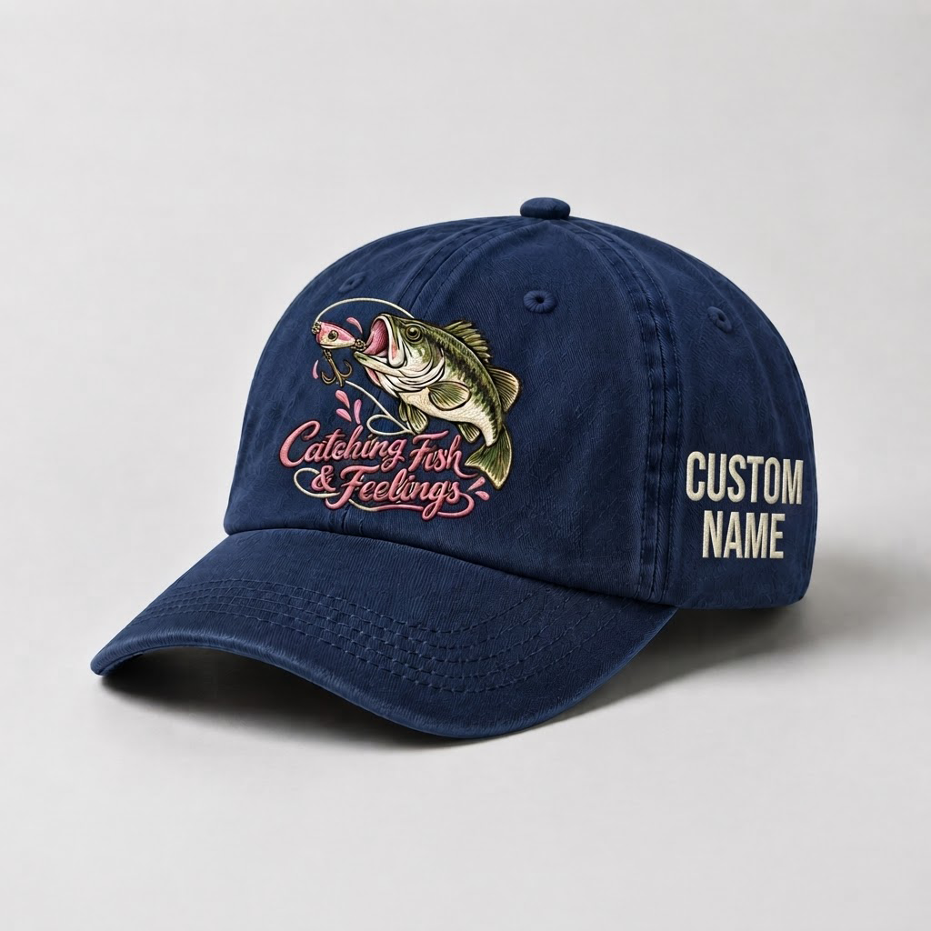 Catching Fish & Feelings Custom Name Hat, Largemouth Bass Embroidered Cap, Cute Fishing Gifts for Women, Outdoors Fisherwoman Hat