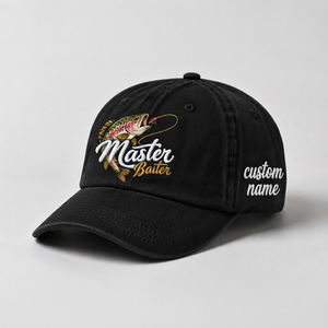 Master Baiter Fishing Hat, Personalized Trout Fish Dad Cap, Embroidered Outdoor Hat, Funny Fisherman Gift, Vintage Washed Baseball Cap - 2