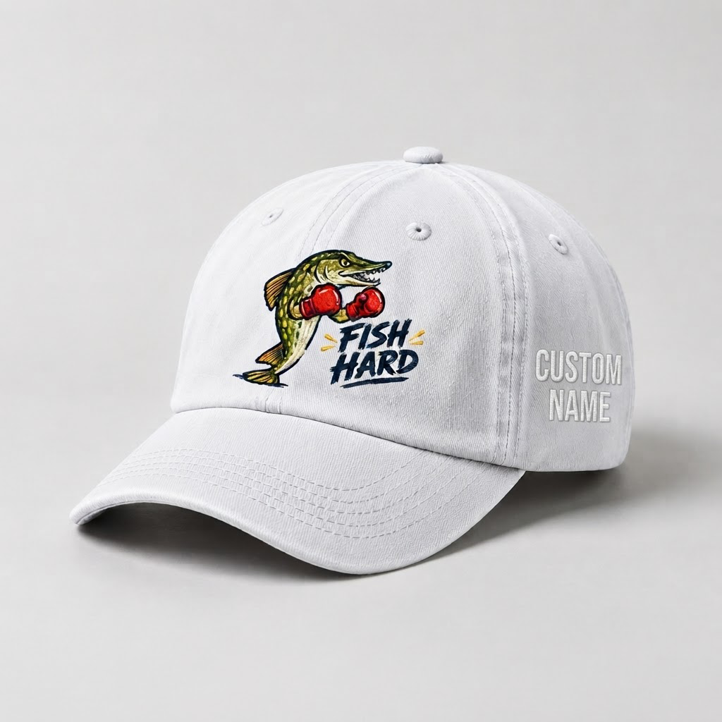 Pike Hat, Custom Fish Hard Embroidered Cap, Personalized Fisherman Gift, Vintage Washed Cotton Dad Hat, Fishing Merch