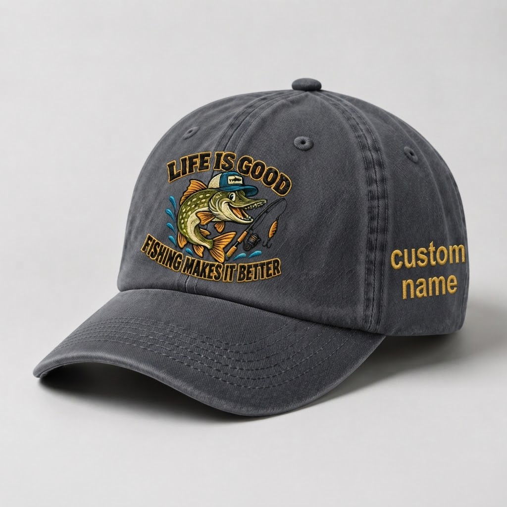 Pike Hat, Custom Name Fisherman Cap, Life Is Good Fishing Makes It Better Fishing Hat, Personalized Angler Gift, Vintage Embroidered Dad Hat