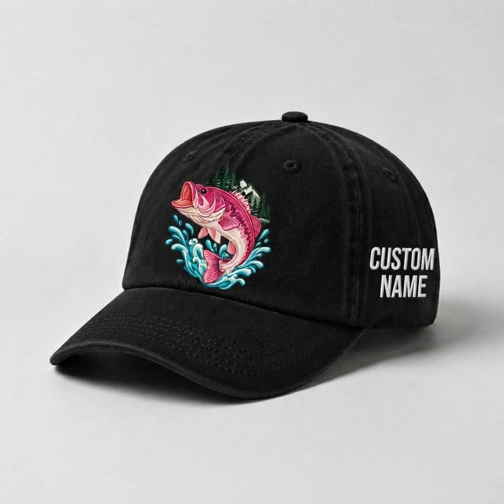Largemouth Bass Hat for Women, Jumping Bass Fishing Cap, Custom Angler Gift, Vintage Washed Embroidered Cotton Baseball Dad Hat