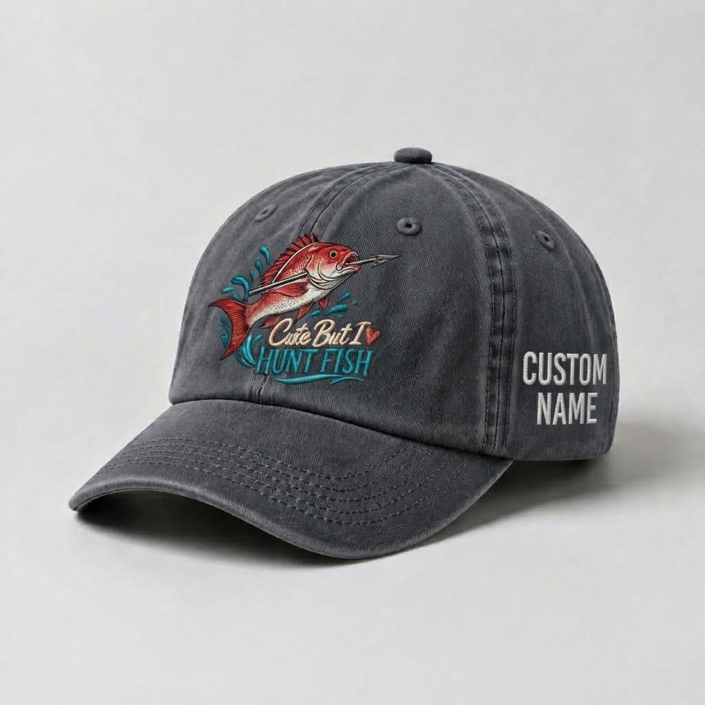 Spearfishing Hats For Women, Cute But I Hunt Fish Custom Embroidered Baseball Cap, Personalized Vintage Washed Hat, Scuba Diving Gift