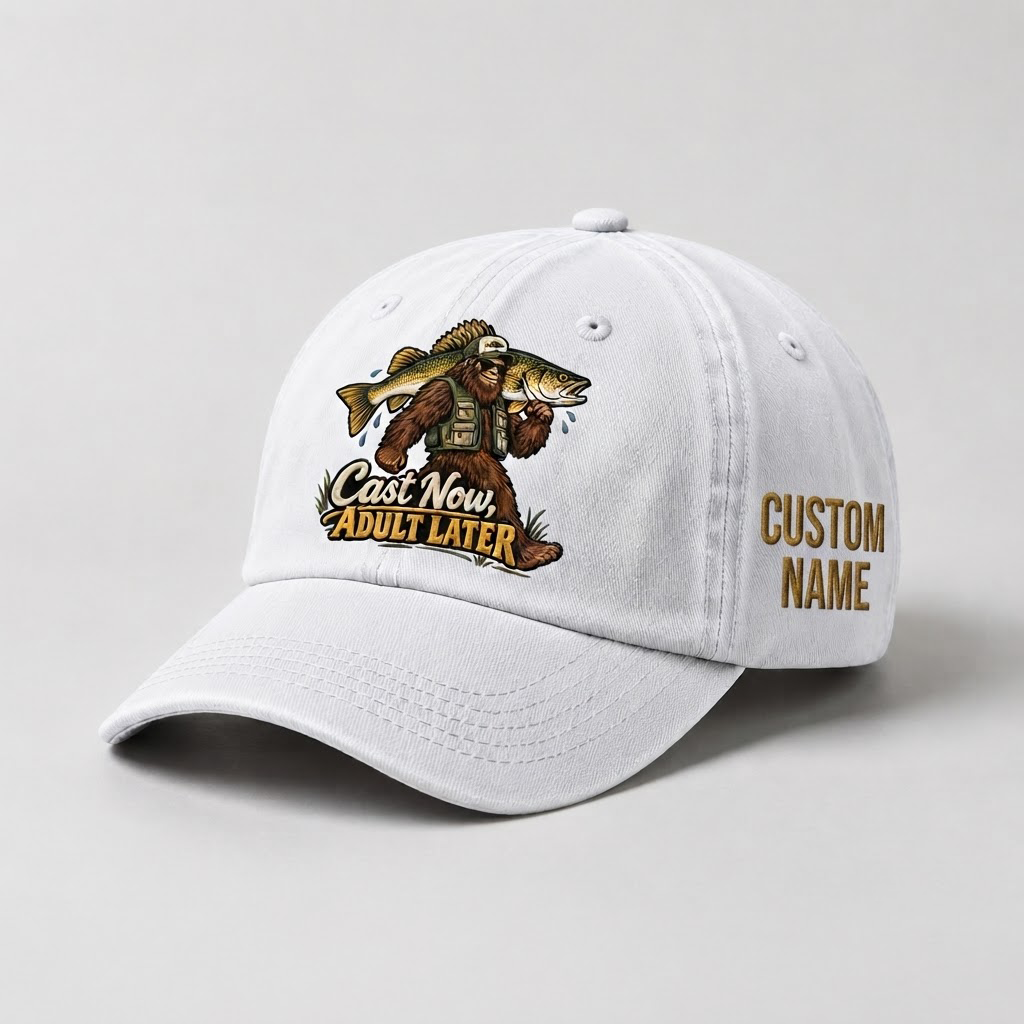 Personalized Walleye Hat, Custom Name Cast Now Adult Later Fishing Cap, Vintage Fisherman Gift, Embroidered Outdoor Dad Hat