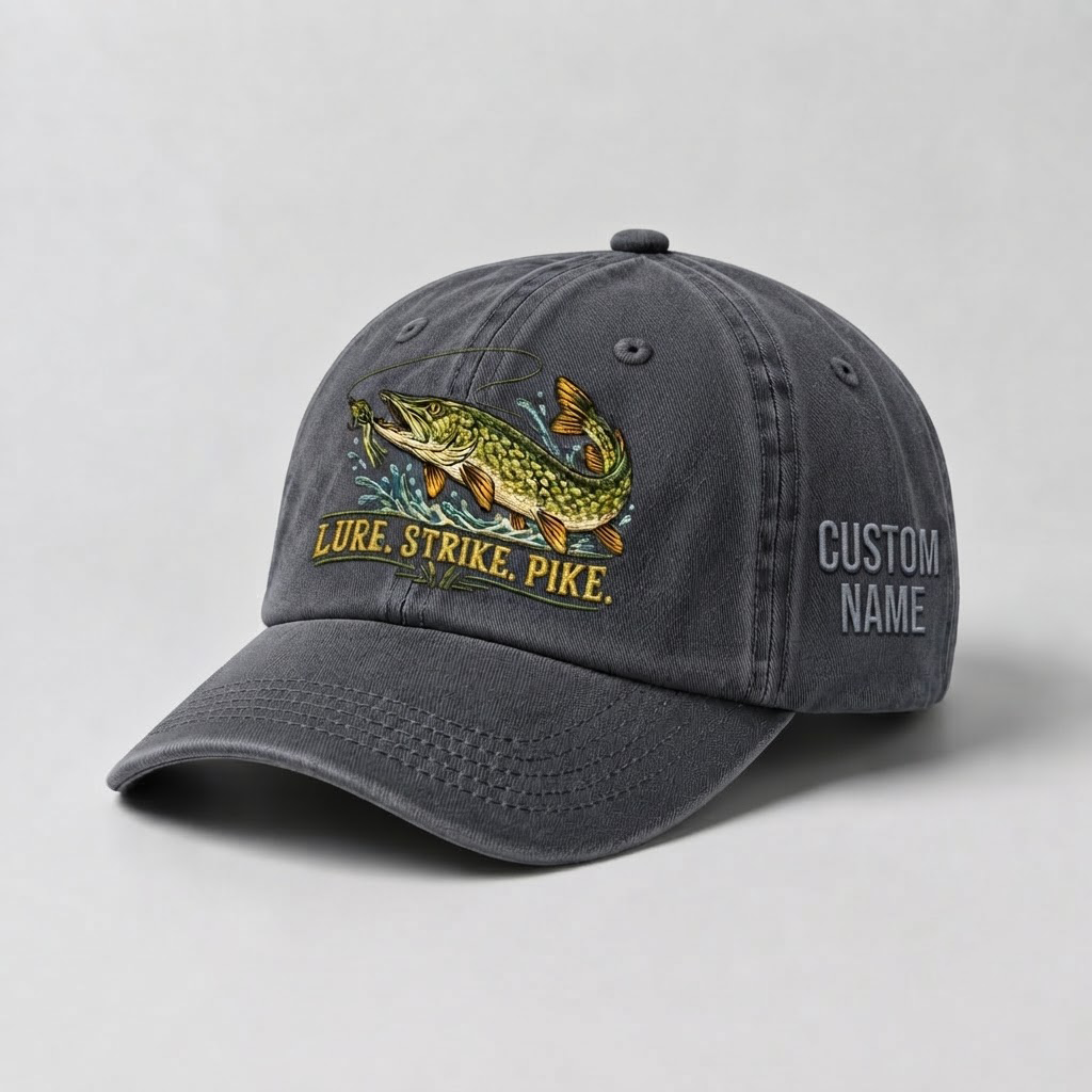 Pike Hat, Custom Lure Strike Pike Embroidered Cap, Personalized Fisherman Gift, Vintage Washed Cotton Dad Hat, Fishing Merch