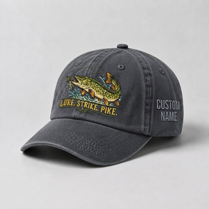Pike Hat, Custom Lure Strike Pike Embroidered Cap, Personalized Fisherman Gift, Vintage Washed Cotton Dad Hat, Fishing Merch - 1