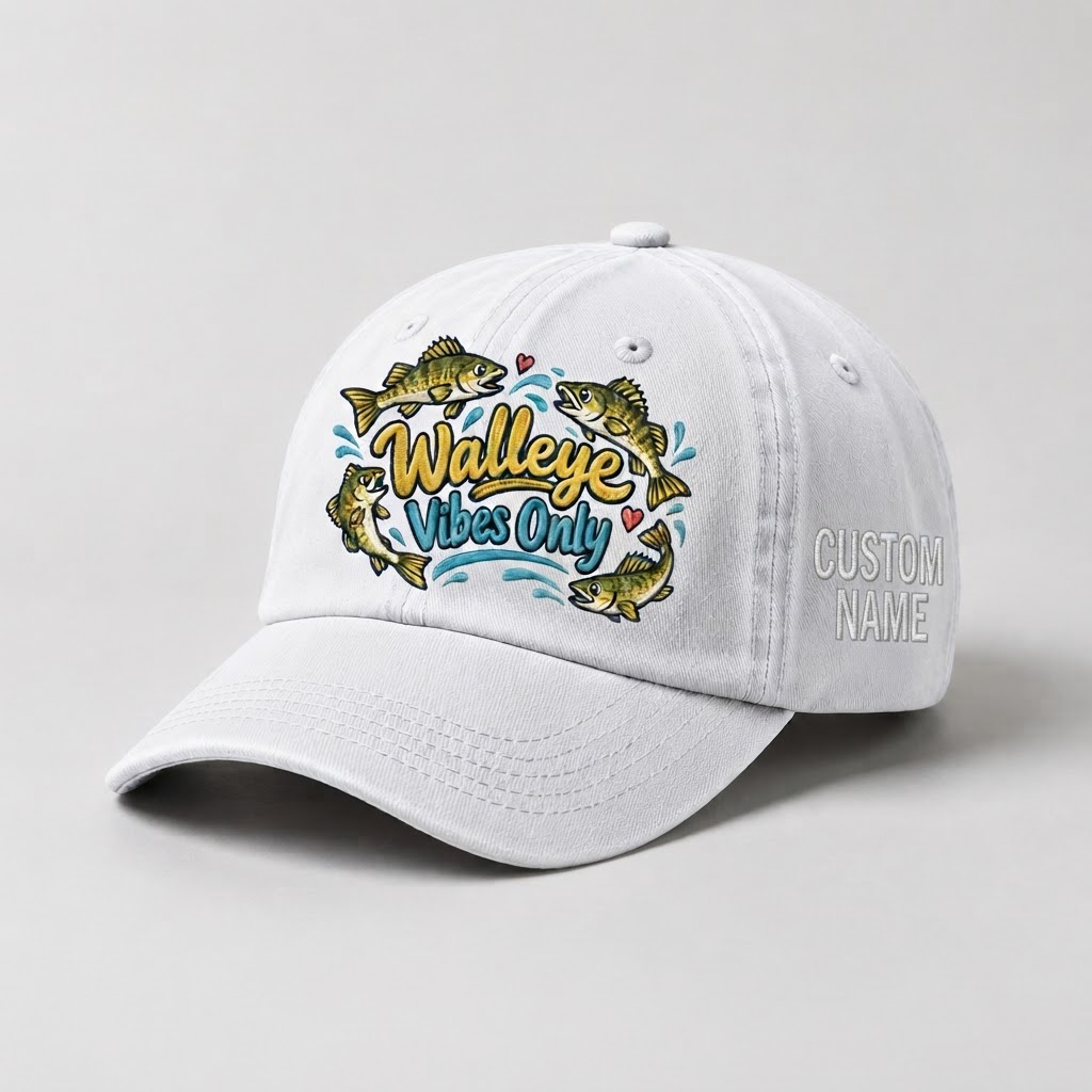 Custom Walleye Hat, Personalized Walleye Vibes Only Fishing Cap, Vintage Angler Gift, Fisherman Dad Hat, Outdoor Sports Embroidered Hat