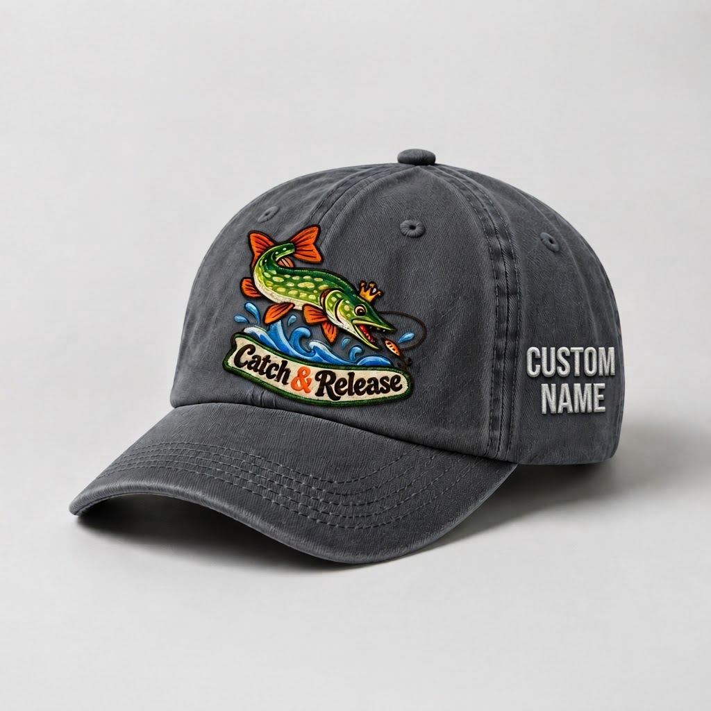 Pike Hat, Custom Catch And Release Embroidered Cap, Personalized Fisherman Gift, Vintage Washed Cotton Dad Hat, Fishing Merch