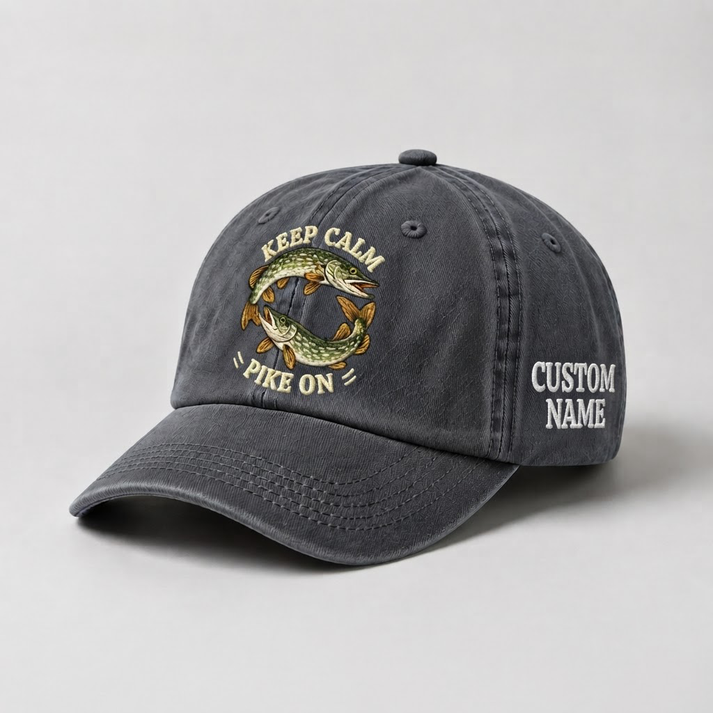Pike Hat, Personalized Fishing Cap, Custom Name Embroidered Hat, Keep Calm Pike On Vintage Dad Hat, Angler Gift
