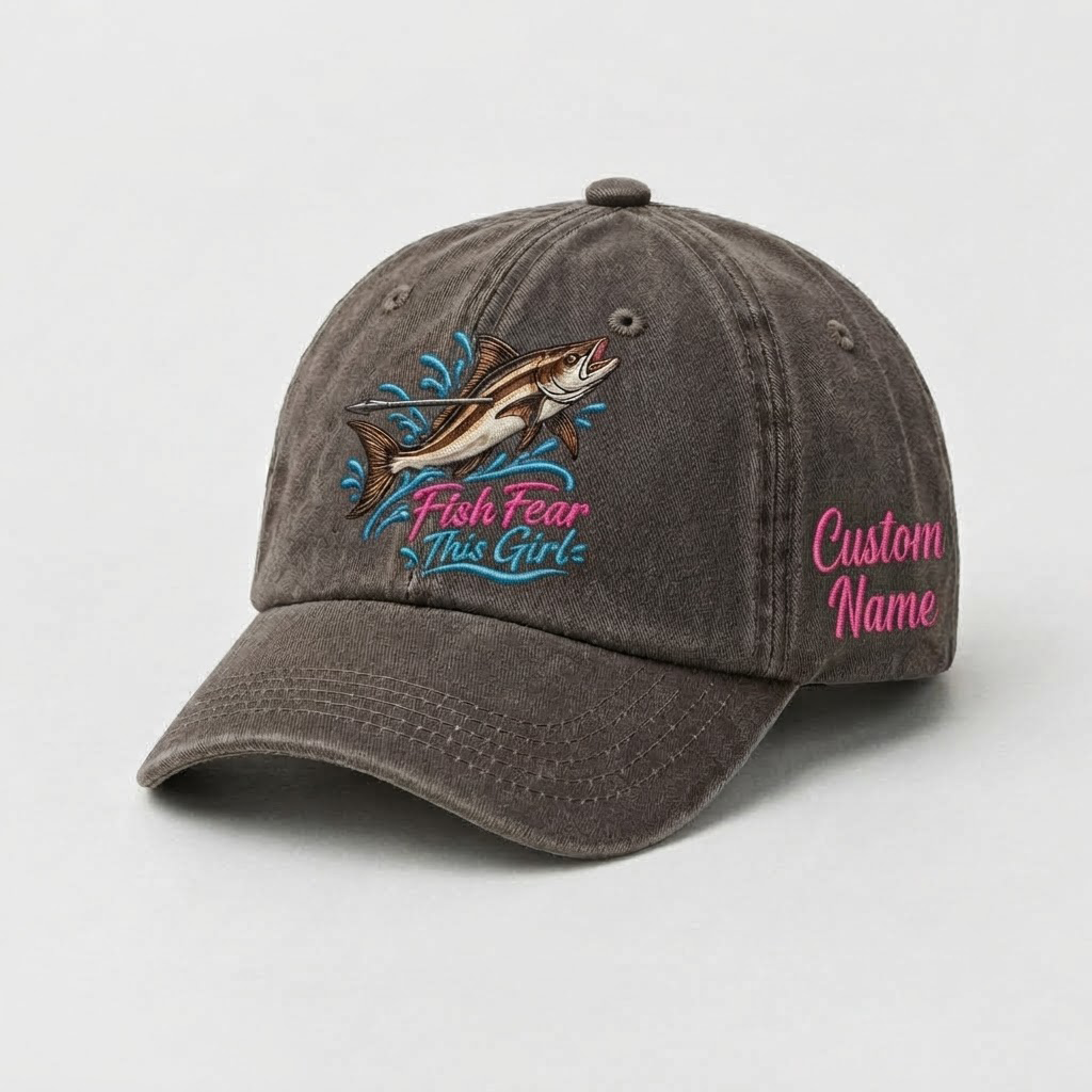 Spearfishing Hats For Women, Fish Fear This Girl Custom Embroidered Baseball Cap, Personalized Vintage Washed Hat, Scuba Diving Gift