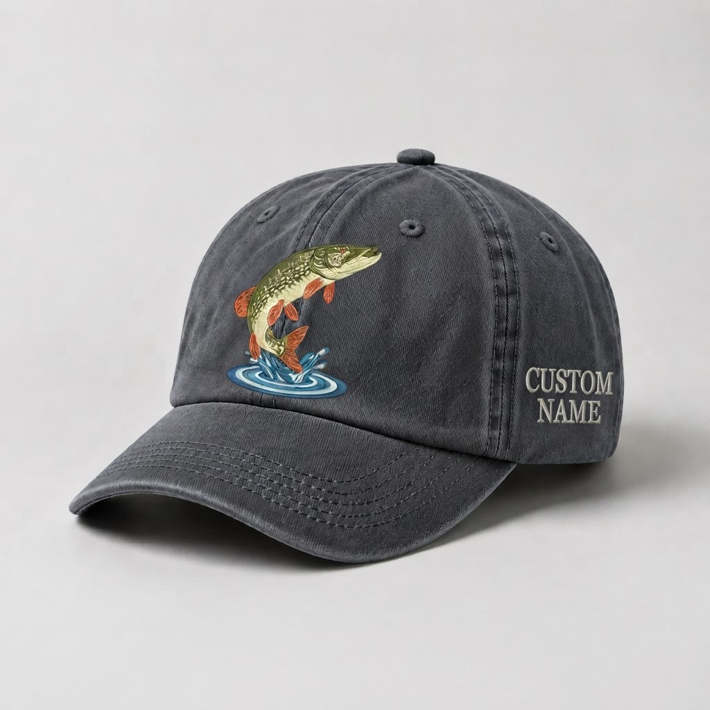 Jumping Pike Embroidered Hat, Freshwater Fishing Dad Cap