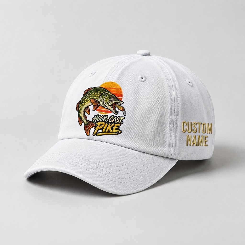 Pike Hat, Custom Hook Cast Pike Embroidered Cap, Personalized Fisherman Gift, Vintage Washed Cotton Dad Hat, Fishing Merch