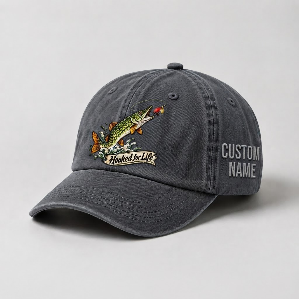 Pike Hat, Custom Hooked For Life Embroidered Cap, Personalized Fisherman Gift, Vintage Washed Cotton Dad Hat, Fishing Merch
