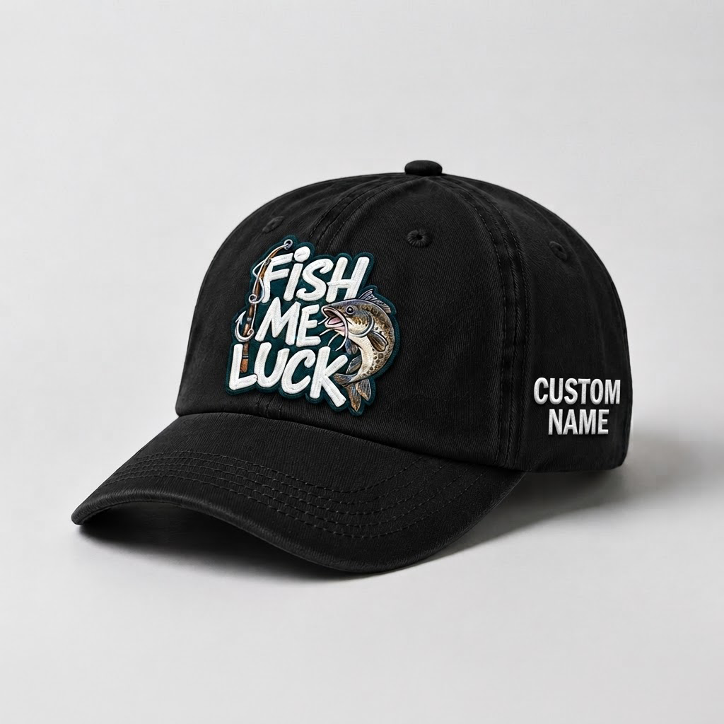 Custom Catfish Fish Me Luck Hat, Embroidered Fishing Cap, Personalized Fisherman Gift, Vintage Dad Hat, Outdoor Sport Hat, Fishing Lover