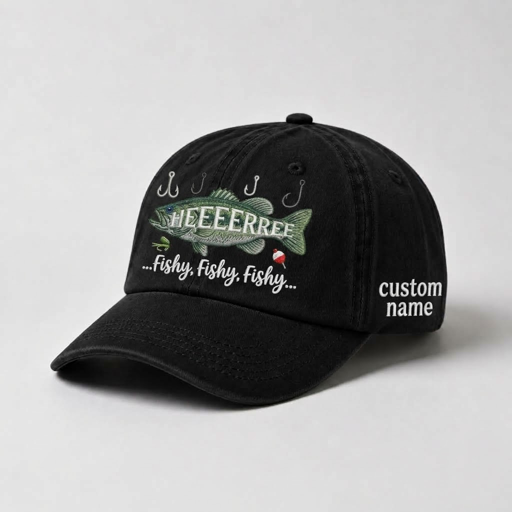 Hat Embroidered Bass Cap Here Fishy Fishy Fishy Personalized Fisherman Gift For Him Dad Fishing Hat