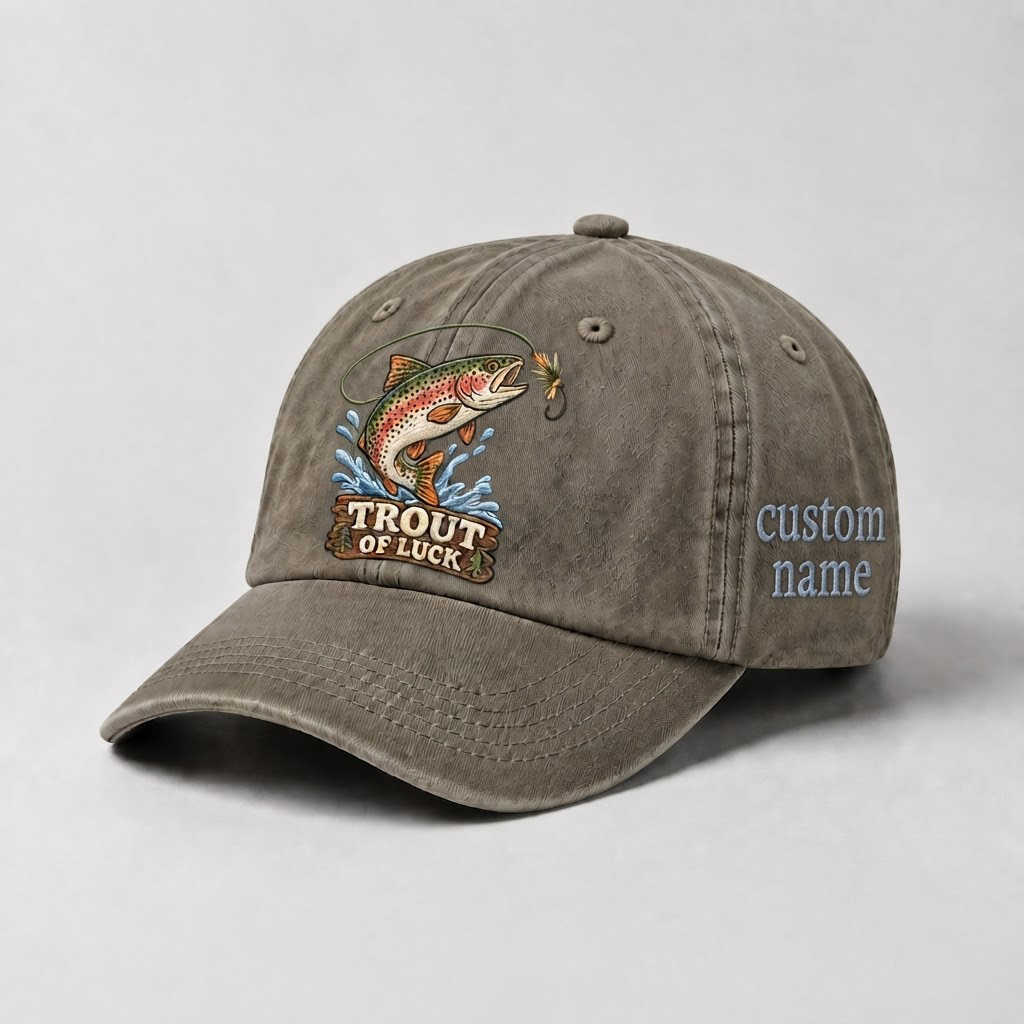 Trout of Luck Embroidered Hat, Custom Name Fishing Baseball Cap, Vintage Fisherman Dad Hat, Outdoor Nature Gift, Cute Angler Cap