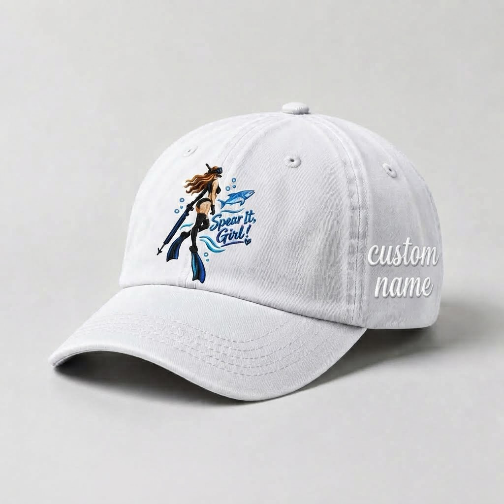 Spear It, Girl! Hat for Women , Personalized Spearfishing Hat, Custom Name Embroidered Cap, Ocean Lover Baseball Hat