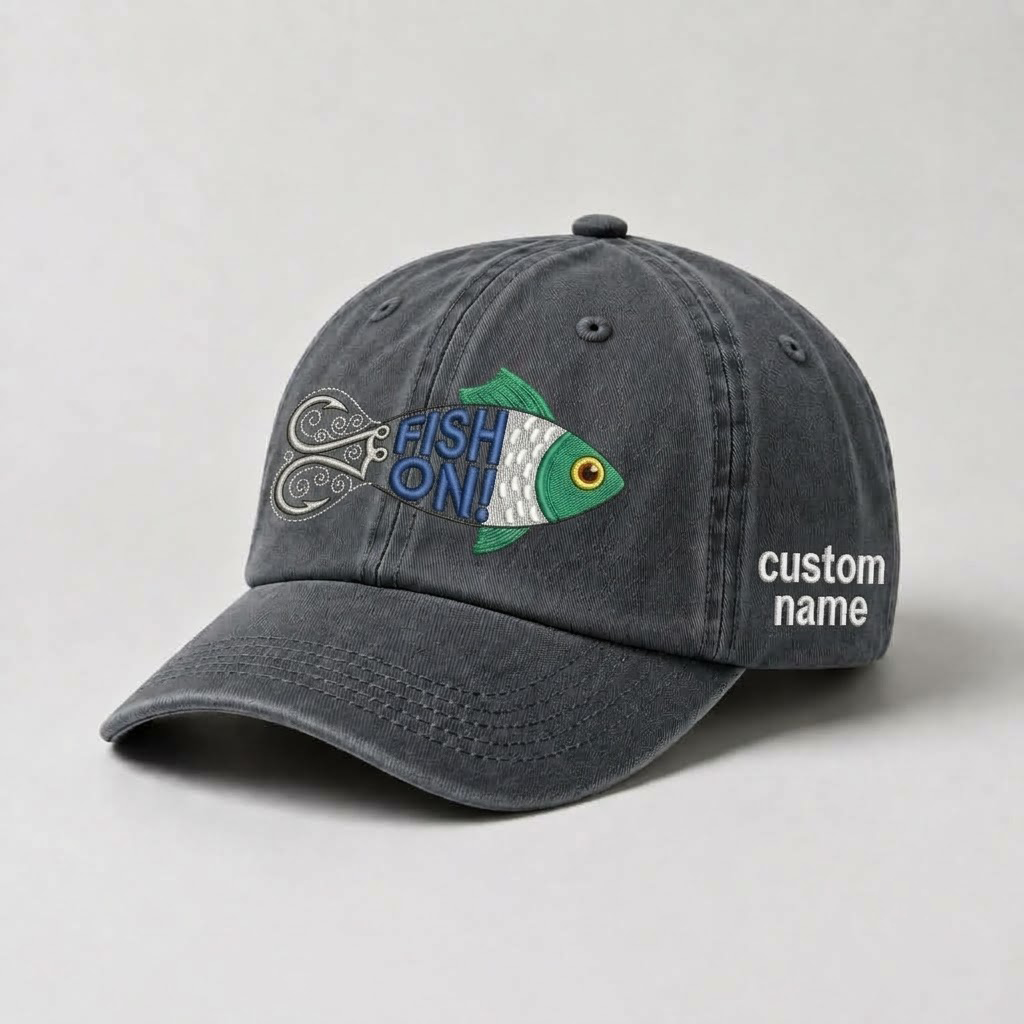 Custom Fish On Fishing Hat, Embroidered Bass Cap, Personalized Fisherman Gift for Him, Dad Fishing Hat, Outdoor Fishing Lovers Cap