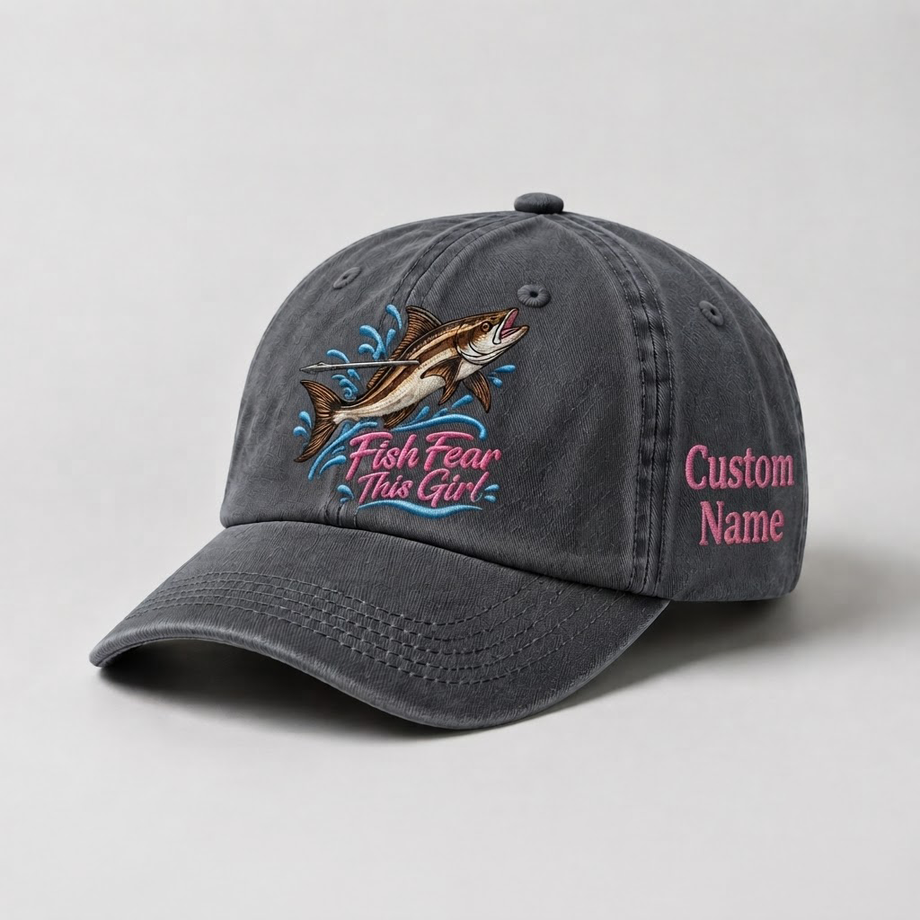 Spearfishing Hats For Women, Fish Fear This Girl Custom Embroidered Baseball Cap, Personalized Vintage Washed Hat, Scuba Diving Gift