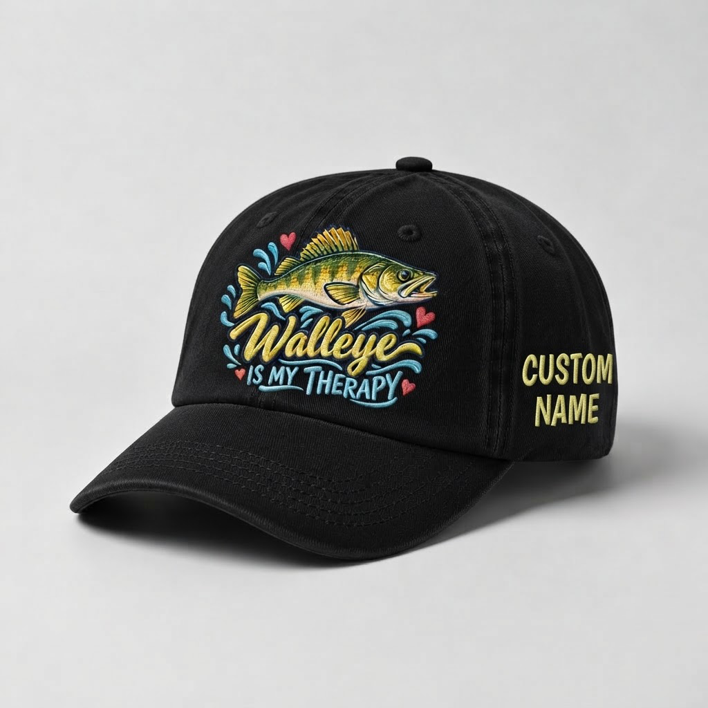Custom Walleye Hat, Personalized Walleye Is My Therapy Fishing Cap, Vintage Angler Gift, Fisherman Dad Hat, Outdoor Sports Embroidered Hat