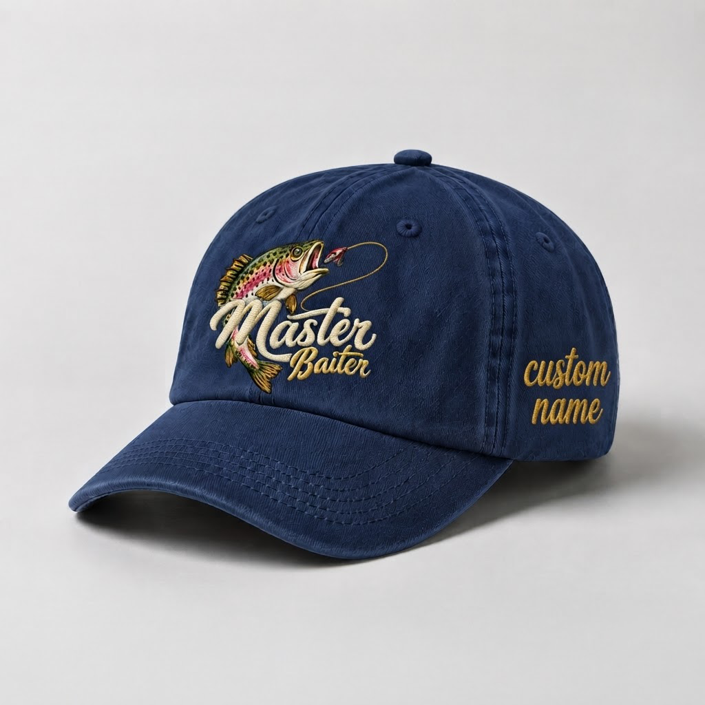 Master Baiter Fishing Hat, Personalized Trout Fish Dad Cap, Embroidered Outdoor Hat, Funny Fisherman Gift, Vintage Washed Baseball Cap