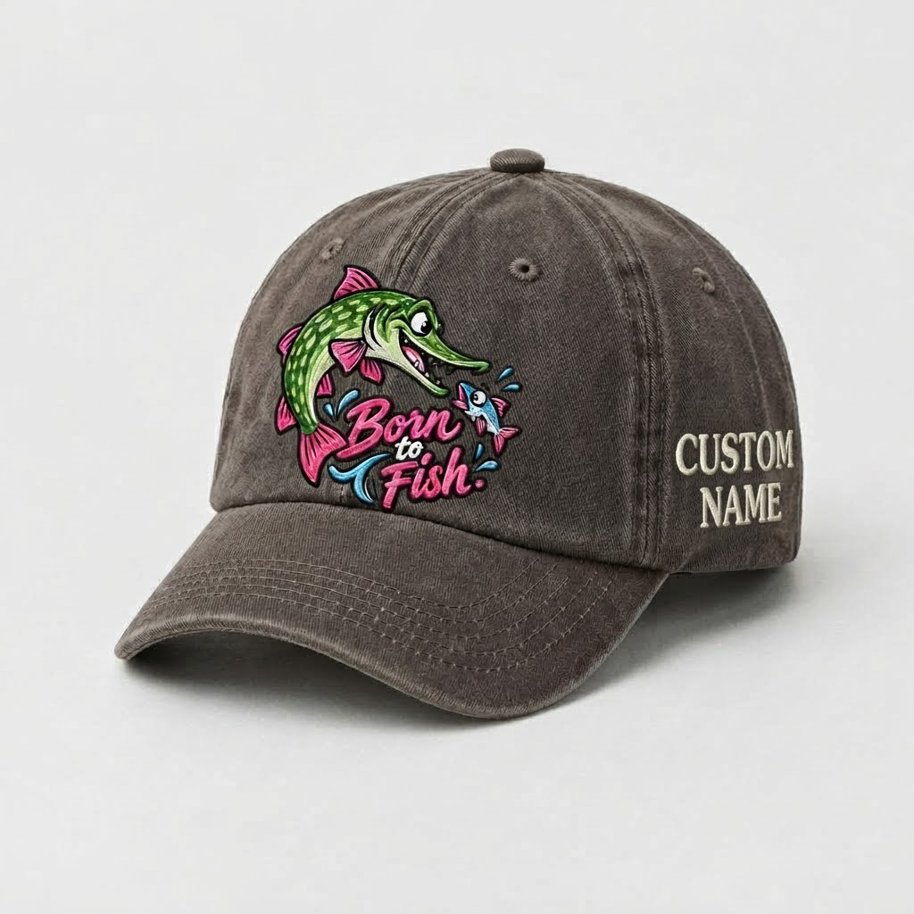 Pike Hat, Custom Born To Fish Embroidered Cap, Personalized Fisherman Gift, Vintage Washed Cotton Dad Hat, Fishing Merch