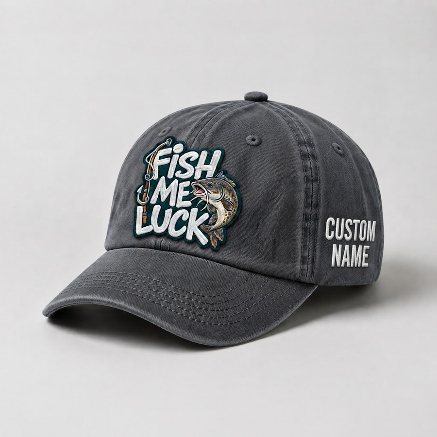 Custom Catfish Fish Me Luck Hat, Embroidered Fishing Cap, Personalized Fisherman Gift, Vintage Dad Hat, Outdoor Sport Hat, Fishing Lover
