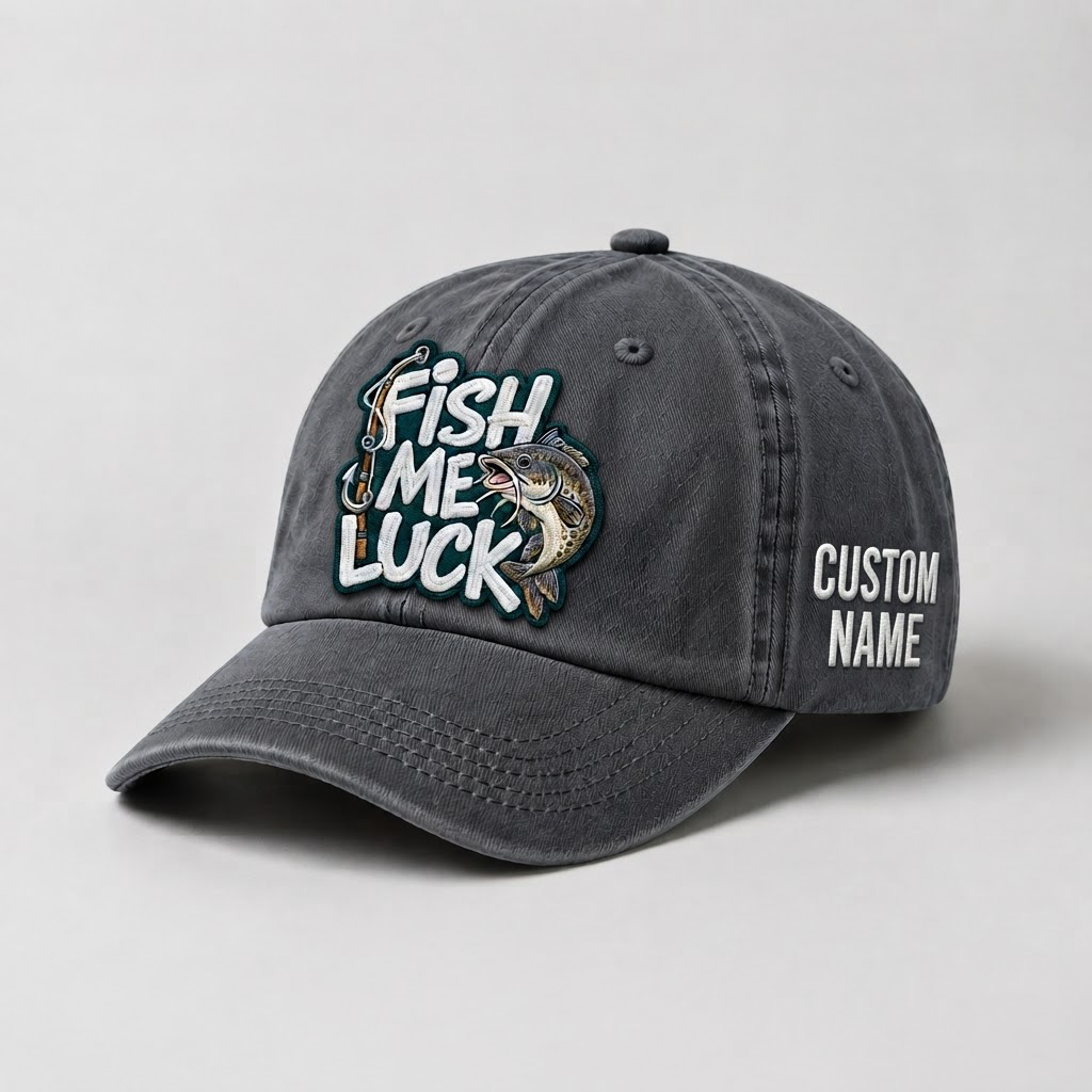 Custom Catfish Fish Me Luck Hat, Embroidered Fishing Cap, Personalized Fisherman Gift, Vintage Dad Hat, Outdoor Sport Hat, Fishing Lover