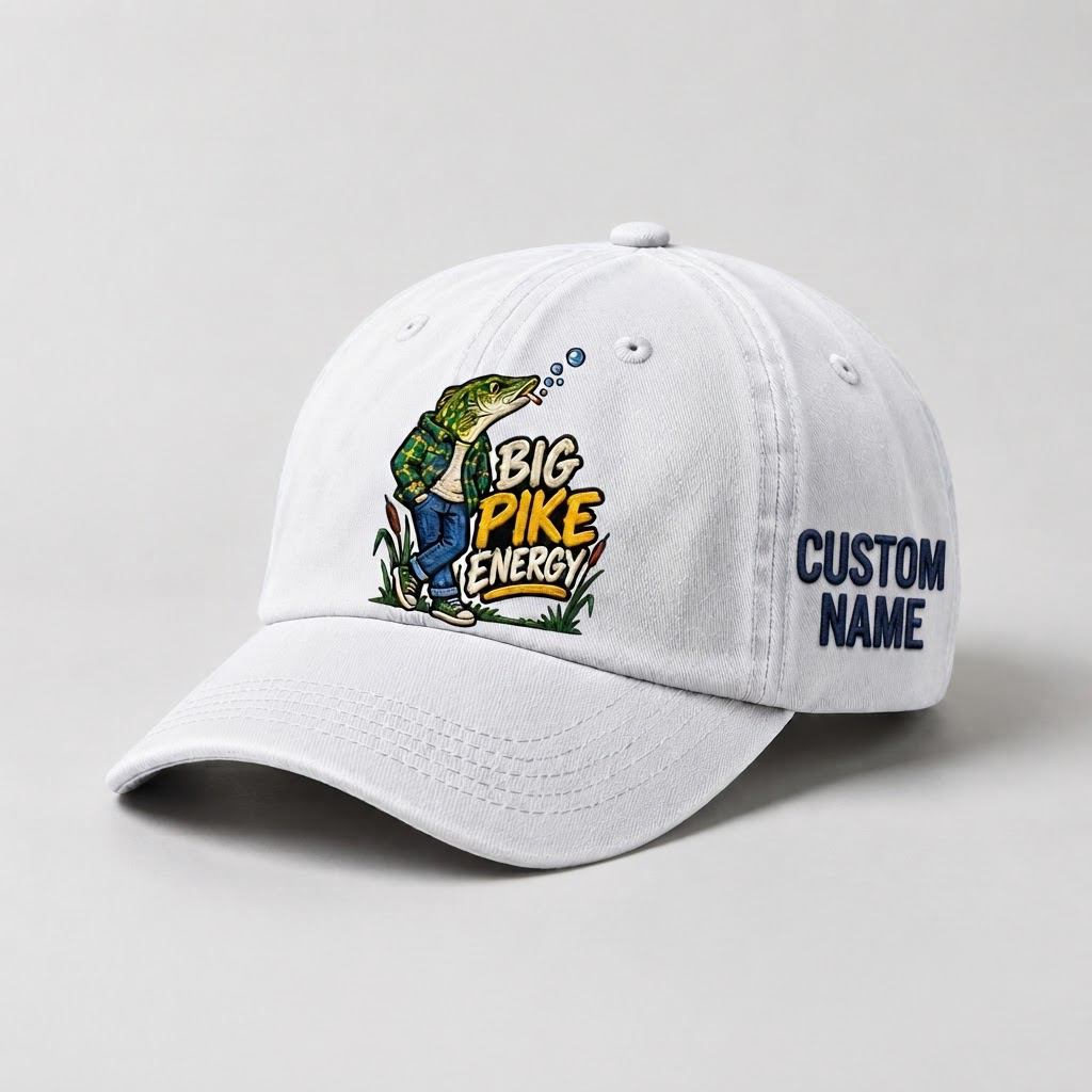 Pike Hat, Custom Big Pike Energy Embroidered Cap, Personalized Fisherman Gift, Vintage Washed Cotton Dad Hat, Fishing Merch