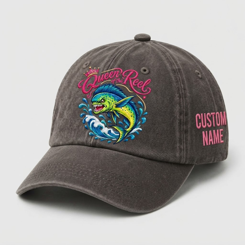Queen of the Reel Hat for Women, Custom Fishing Hat for Women, Personalized Mahi Mahi Embroidery Cap, Gift for Her