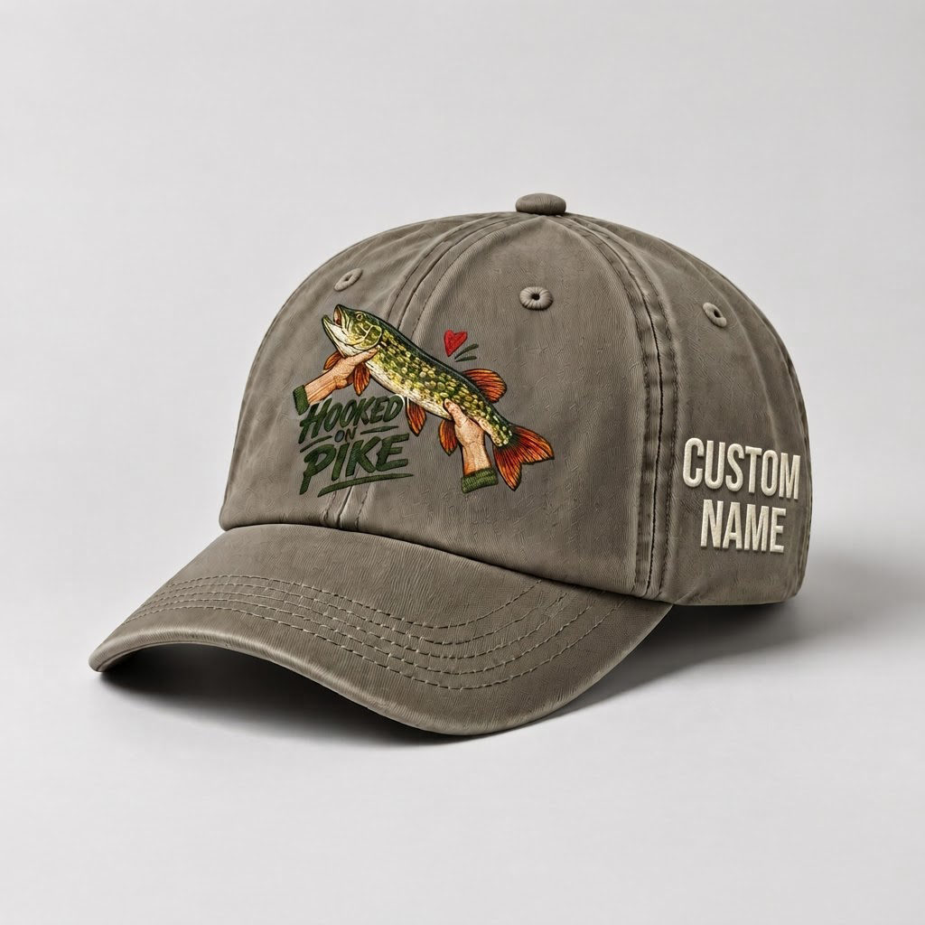 Pike Hat, Custom Hooked On Pike Embroidered Cap, Personalized Fisherman Gift, Vintage Washed Cotton Dad Hat, Fishing Merch