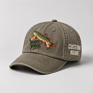 Pike Hat, Custom Hooked On Pike Embroidered Cap, Personalized Fisherman Gift, Vintage Washed Cotton Dad Hat, Fishing Merch - 6