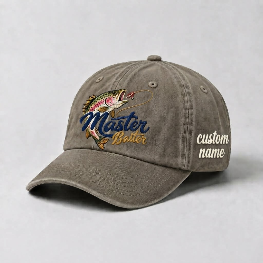 Master Baiter Fishing Hat, Personalized Trout Fish Dad Cap, Embroidered Outdoor Hat, Funny Fisherman Gift, Vintage Washed Baseball Cap