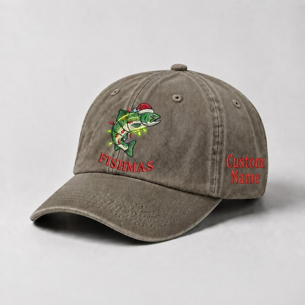Merry Fishmas Embroidered Hat, Custom Name Christmas Trout Fishing Cap, Vintage Fisherman Dad Hat, Holiday Outdoor Gift, Cute Angler Cap