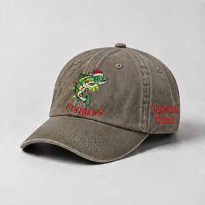 Merry Fishmas Embroidered Hat, Custom Name Christmas Trout Fishing Cap, Vintage Fisherman Dad Hat, Holiday Outdoor Gift, Cute Angler Cap - 6