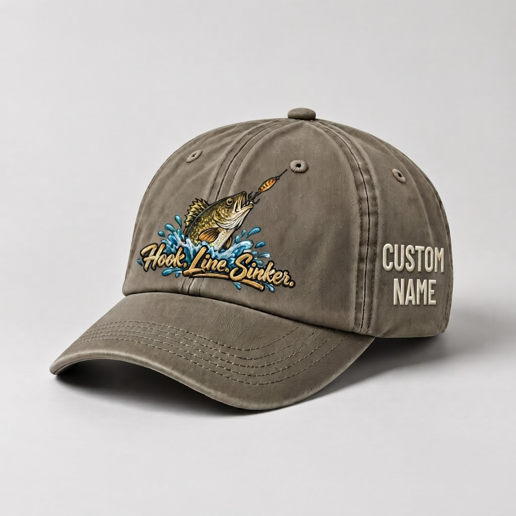 Personalized Walleye Hat, Custom Name Hook Line Sinker Fishing Cap, Vintage Fisherman Gift, Embroidered Outdoor Dad Hat