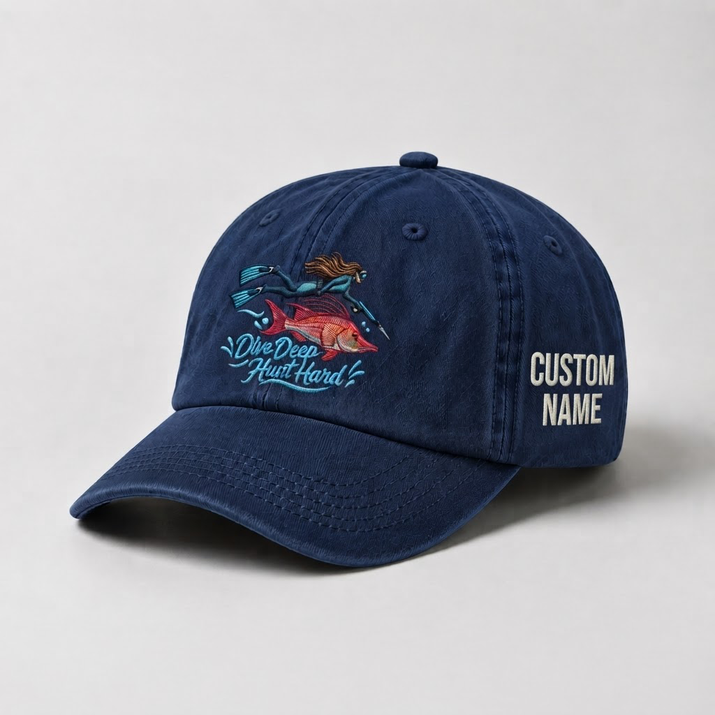 Spearfishing Hats For Women, Dive Deep Hunt Hard Custom Embroidered Baseball Cap, Personalized Vintage Washed Hat, Scuba Diving Gift