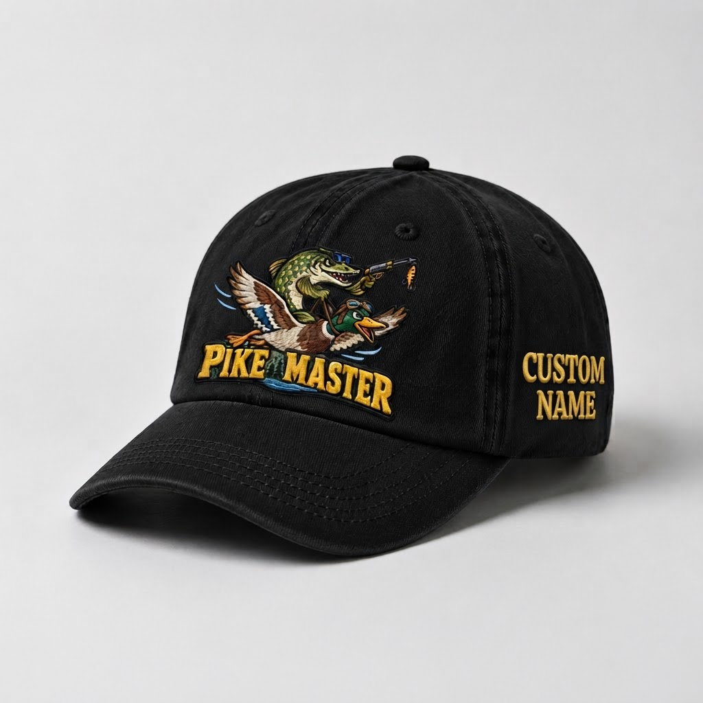 Pike Hat, Custom Pike Master Embroidered Cap, Personalized Fisherman Gift, Vintage Washed Cotton Dad Hat, Fishing Merch