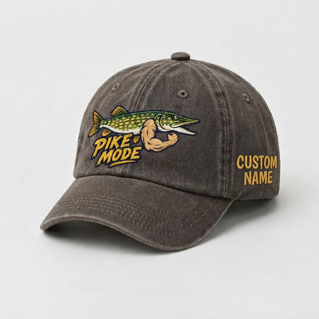 Pike Hat, Custom Pike Mode Embroidered Cap, Personalized Fisherman Gift, Vintage Washed Cotton Dad Hat, Fishing Merch
