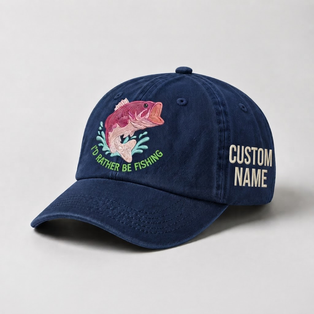 I'D Rather Be Fishing Hat For Women, Largemouth Bass Hat For Women, Personalized Fishing Gift, Vintage Washed Embroidered Baseball