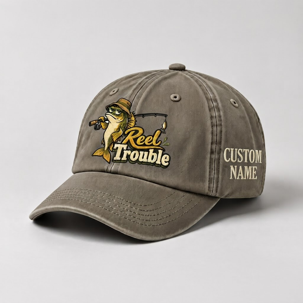 Personalized Walleye Hat, Custom Name Reel Trouble Fishing Cap, Vintage Fisherman Gift, Embroidered Outdoor Dad Hat