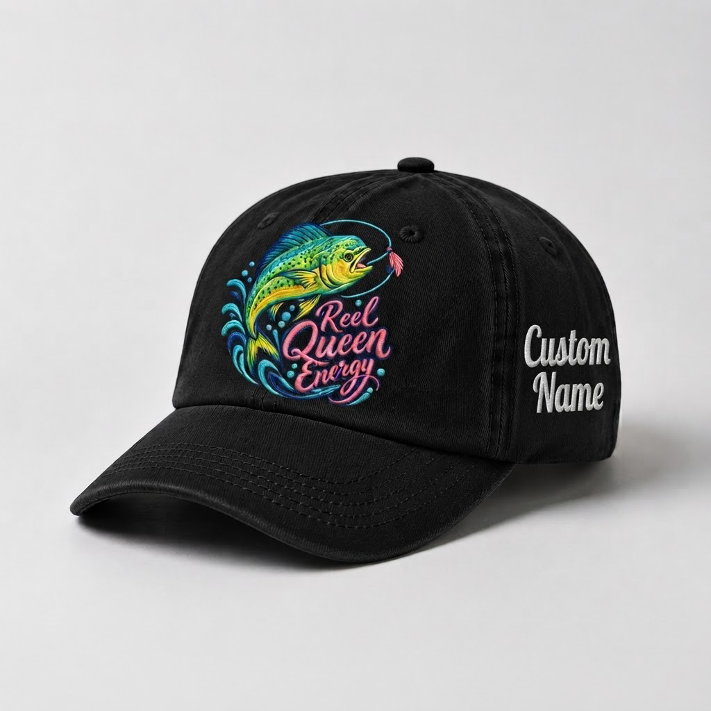 Reel Queen Energy Hat for Women, Custom Fishing Hat for Women, Personalized Mahi Mahi Embroidery Cap,  Gift for Her