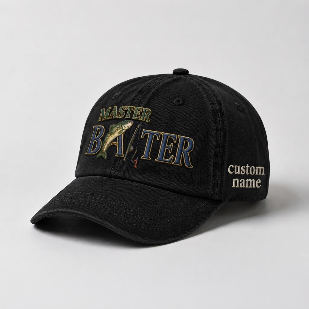 Master Baiter Trout Fishing Embroidered Hat, Personalized Dad Cap, Custom Trout Fisherman Gift, Vintage Washed Baseball Hat