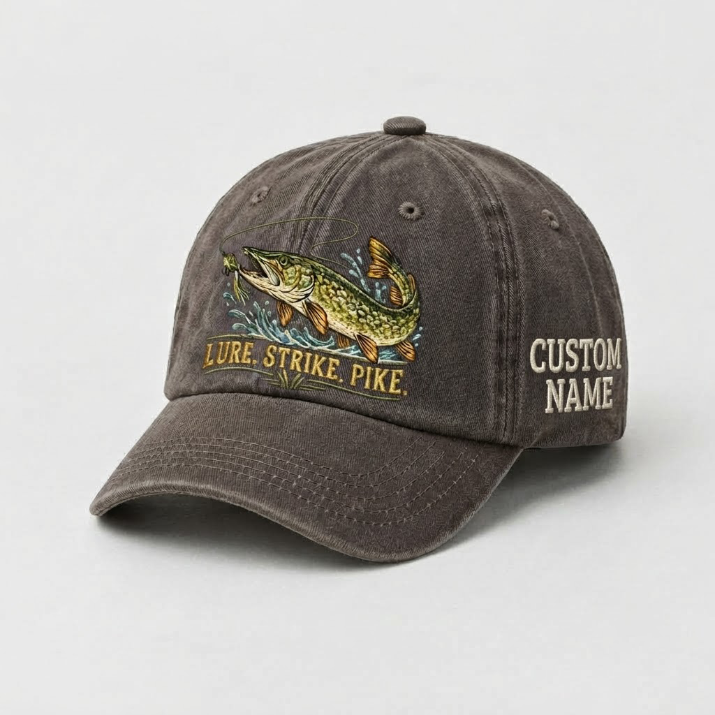 Pike Hat, Custom Lure Strike Pike Embroidered Cap, Personalized Fisherman Gift, Vintage Washed Cotton Dad Hat, Fishing Merch