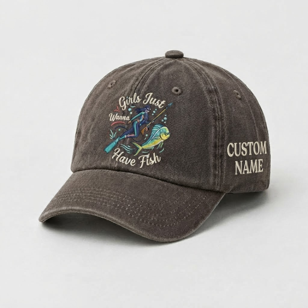 Girls Just Wanna Have Fish Hat, Custom Spearfishing Hat for Women, Personalized Dive Embroidery Cap, Gift For Her
