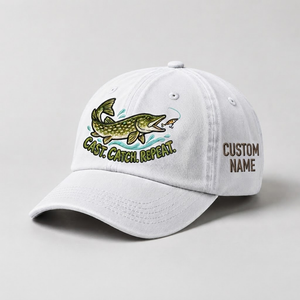 Pike Hat, Custom Cast Catch Repeat Embroidered Cap, Personalized Fisherman Gift, Vintage Washed Cotton Dad Hat, Fishing Merch - 4