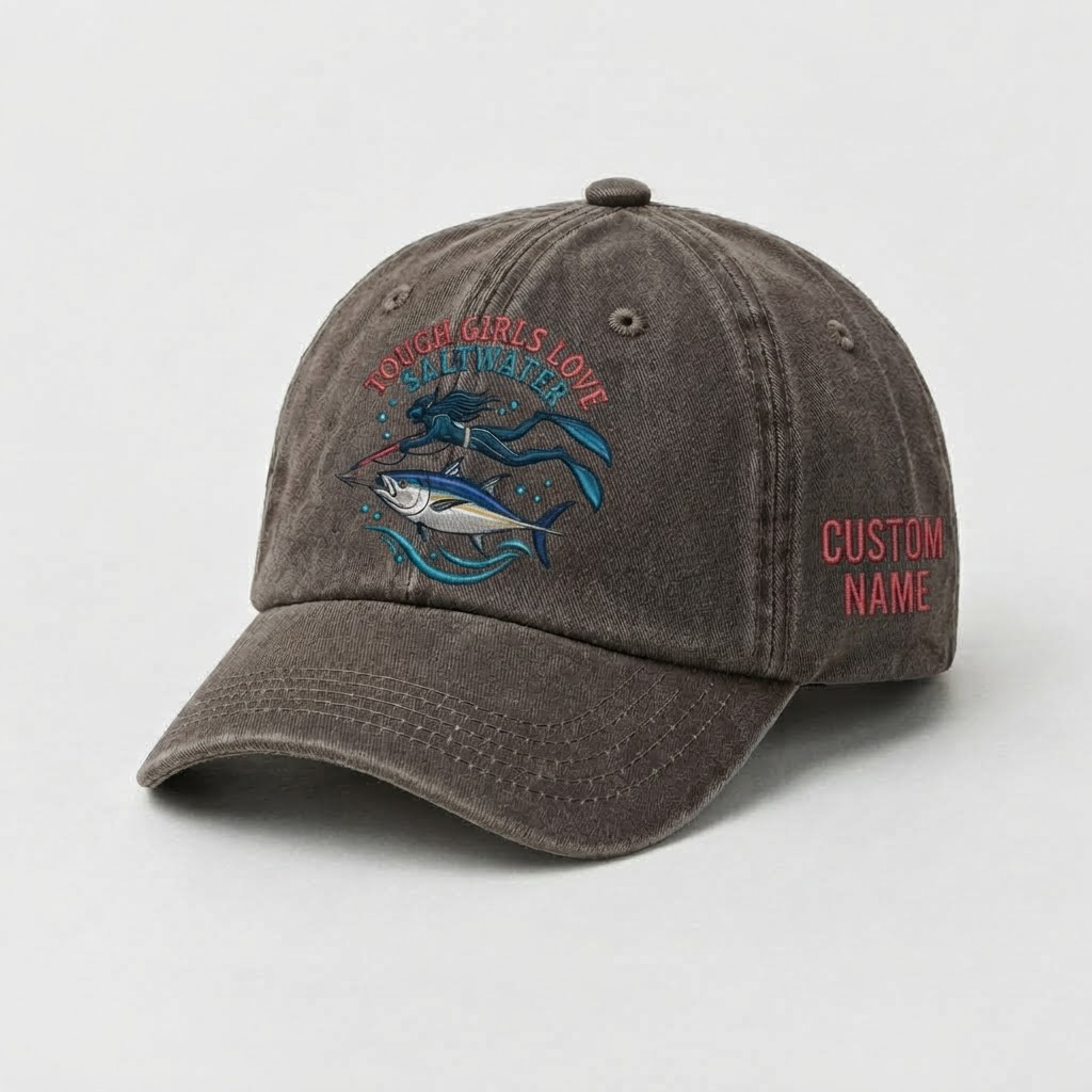 Spearfishing Hats For Women, Tough Girls Love Saltwater Custom Embroidered Baseball Cap, Personalized Vintage Washed Hat, Scuba Diving