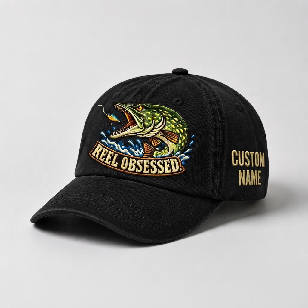 Pike Hat, Custom Reel Obsessed Embroidered Cap, Personalized Fisherman Gift, Vintage Washed Cotton Dad Hat, Fishing Merch