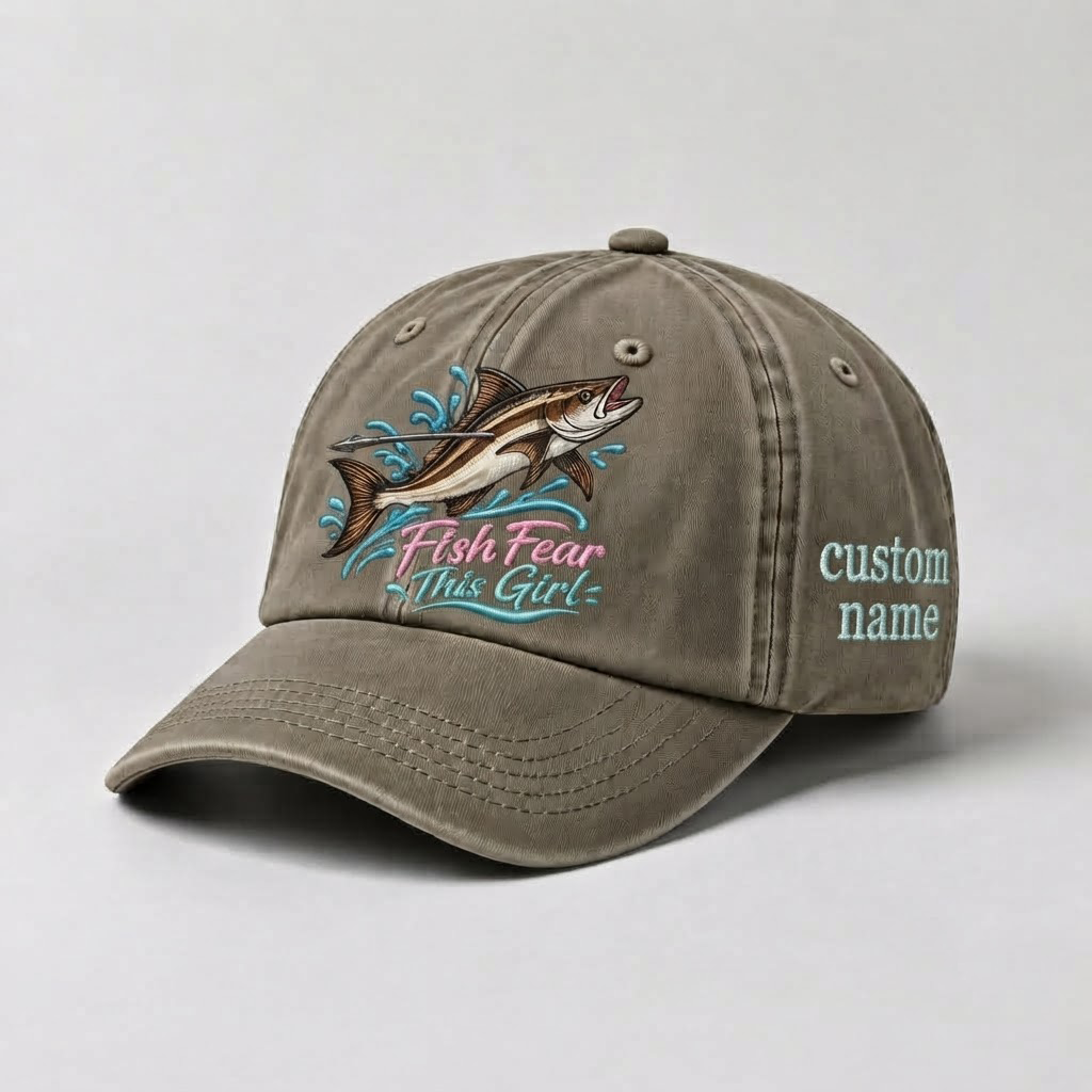 Spearfishing Hats For Women, Fish Fear This Girl Custom Embroidered Baseball Cap, Personalized Vintage Washed Hat, Scuba Diving Gift