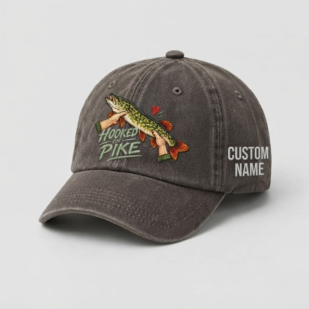 Pike Hat, Custom Hooked On Pike Embroidered Cap, Personalized Fisherman Gift, Vintage Washed Cotton Dad Hat, Fishing Merch